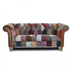 2 Seater Sofa Chesterfield Patchwork Isobel Vintage Style Harris Tweed Tan Leather