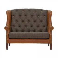 2 Seater Sofa Jamieson Highback Chesterfield Style Heathland Grey Harris Tweed Tan Leather