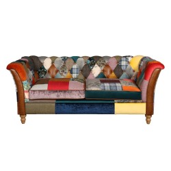 Amelia Patchwork Vintage Style Chesterfield 3 Seater Sofa Harris Tweed Tan Leather