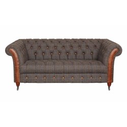 Angus 2 Seater Vintage Style Chesterfield Sofa Grey Heathland Harris Tweed Tan Leather