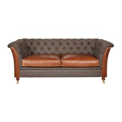 Fergus 2 Seater Chesterfield Vintage Style Sofa Heathland Harris Tweed Tan Leather