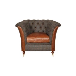 Fergus Vintage Style Chesterfield Club Armchair Grey Heathland Harris Tweed Tan Leather