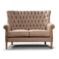 Hemmingway 2 Seater Wingback Chesterfield Sofa Hunter Harris Tweed Tan Leather