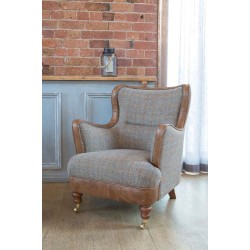 Hepburn Vintage Style Club Armchair Hunter Harris Tweed Tan Leather