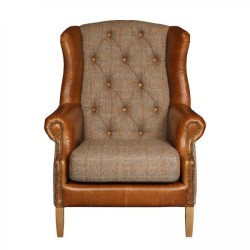 Jamieson Wingback Chesterfield Style Armchair Heathland Grey Harris Tweed Tan Leather