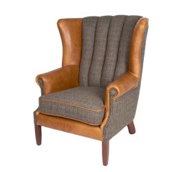 Seamus Wingback Chesterfield Style Armchair Heathland Grey Tweed Tan leather