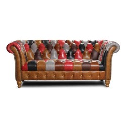 Livingstone 2 Seater Chesterfield Patchwork Multi leather Sofa Hunter Tweed