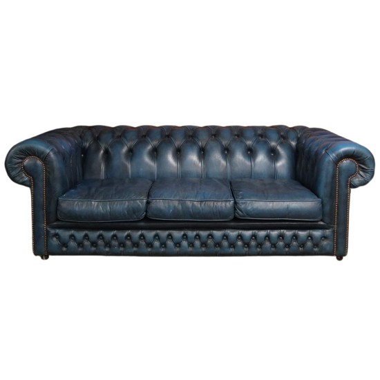 Rare Blue Leather Chesterfield 3 Seater Sofa