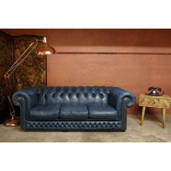 Rare Blue Leather Chesterfield 3 Seater Sofa